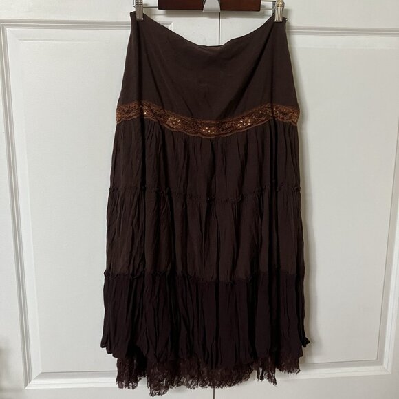 Y2K Newport News Midi Skirt Womens 12 Tiered Brown Fairy Boho Whimsigoth 2000s - Picture 1 of 10
